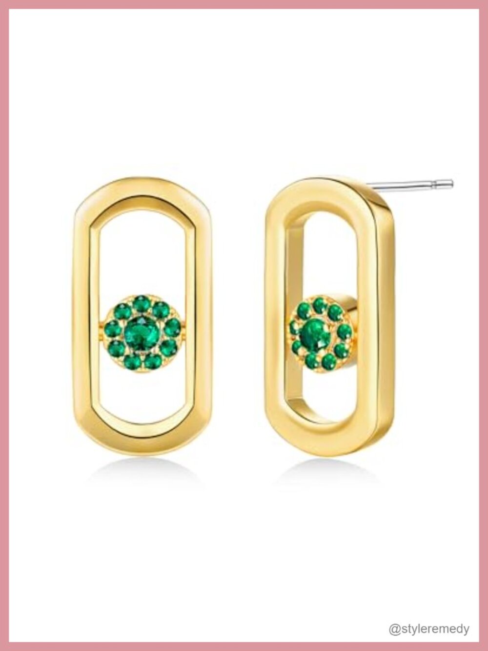 14k Gold Plated Chunky Stud Earrings with Emerald Green CZ